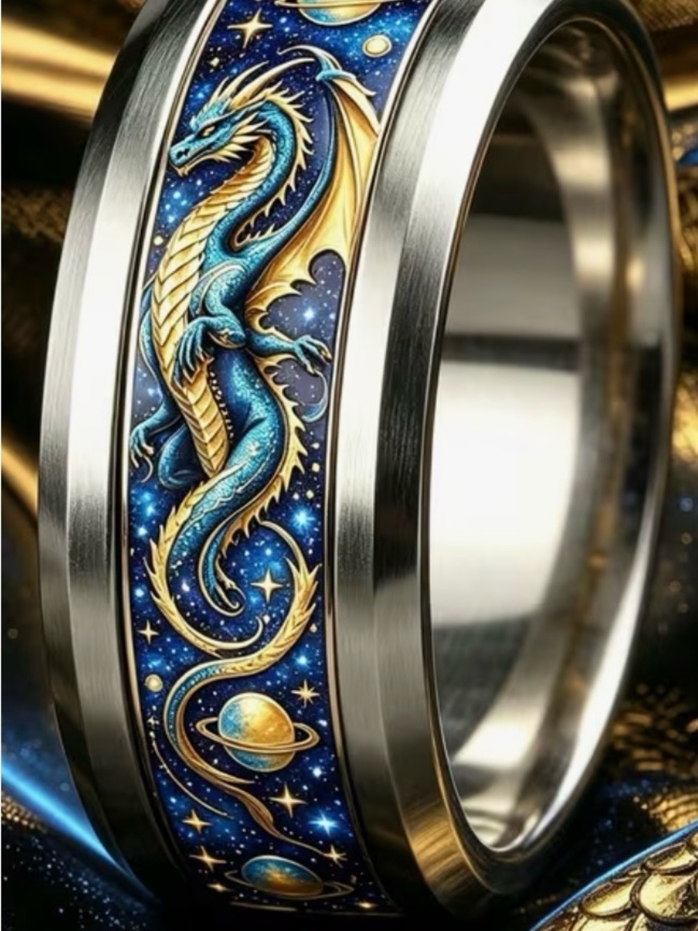 Blue and Gold stainless steel dragon ring unisex